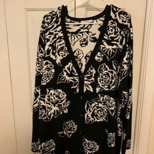 Isaac Mizrahi Cardigan Sweater Black White Rose